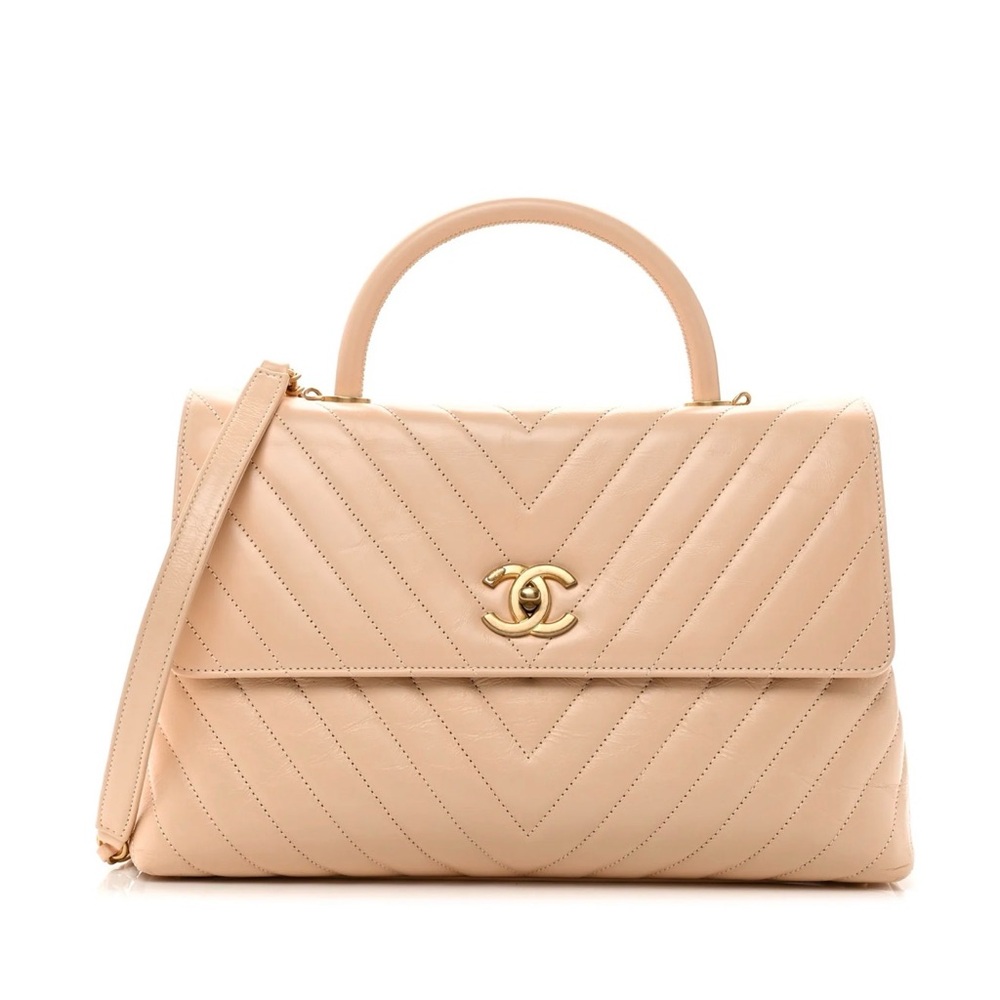 CHANEL Calfskin Chevron Quilted Medium Coco Handle Flap Beige
